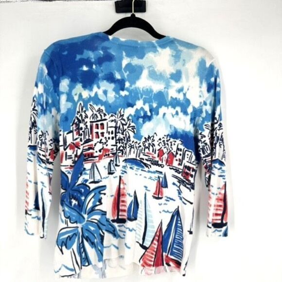 Christopher & Banks Women's Sailboat Beach Cardigan Sweater Blue Medium Coastal - Picture 2 of 10